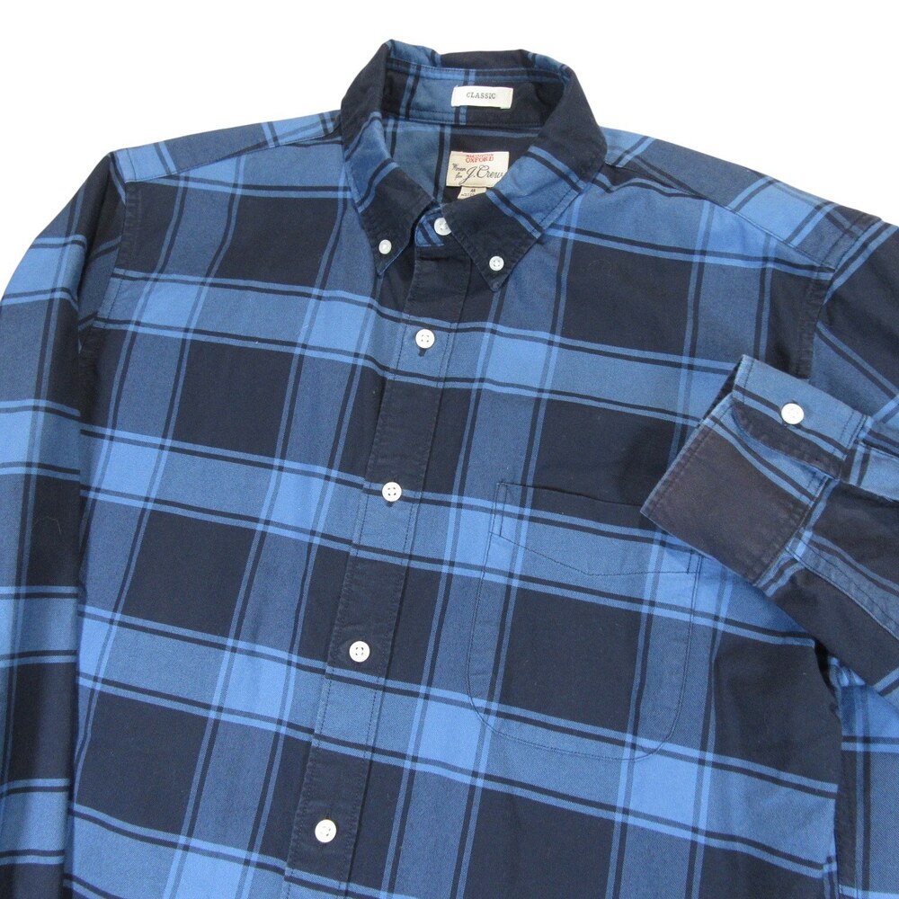 J Crew Mens Button Down Shirt M Classic Fit Navy Blue Plaid Oxford Lined